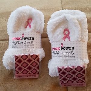 Fuzzy Pink Ribbon socks + purse sized emery board